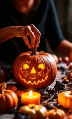 Women's hands carve a Halloween pumpkin on the kitchen table. Candles and decor for Halloween. AI generated