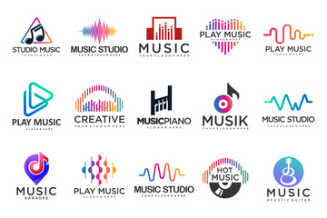 Music icons set.vector logos with musical notes and audio wave .music festival.Vector Illustration.