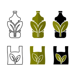 Vector set of biodegradable bottles and plastic bag eco-friendly, plastic bag and bottles with leaf icon