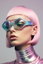 Futuristic Woman, Transparent Metallic Dress, Shiny Makeup, Hologram Iridescent Glowing Face Lips And Eyes. Glasses From The Future.