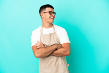 Restaurant Waiter Man Over Isolated Blue Background Happy And Smiling