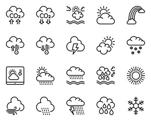 weather and cloud line icons set. thunder, rainbow, storm, stroke, sunshine, meteorology, wind, outl