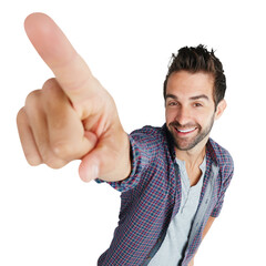 Poster - Portrait, pointing and sale with a man in a shirt isolated on a transparent background for attention to an announcement. Smile, finger and hand gesture with a happy male model on PNG to point at info