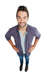 Poster - Portrait, fashion or designer clothes with a man in a shirt isolated on a transparent background for style. Smile, trendy or casual with a happy and handsome young male model posing on PNG from above