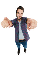 Poster - Portrait, pointing and review with a man in a shirt isolated on a transparent background for a decision. Smile, choice or vote with a happy and handsome young male person on PNG to point at you