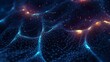 Abstract background with glowing blue neural network waves. Connected net with shining mesh texture in close up view futuristic wallpaper. Horizontal illustration for banner design. Generative AI.