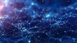 Abstract background with shining blue neural network system. Wallpaper of connected lines and glowing dots and particles in close up view. Horizontal illustration for banner design. Generative AI.
