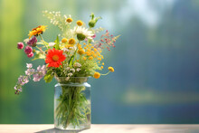 Bouquet Of Wild Flowers On The Table In A Glass Vase. Selective Focus. AI Generated