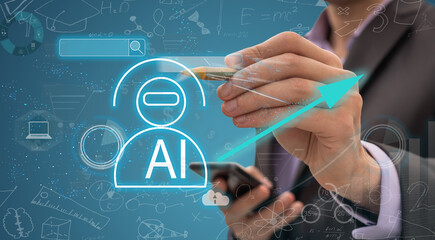 Aufkleber -  Machine learning. Hand robot touching computer chip and binary data. Futuristic Artificial intelligence (AI). Deep Learning. Neural Network. Brain representing. Accurate facial recognition detection 