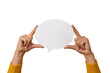Talk bubble speech icon in hands isolated on transparent background, layout for your text over white round space
