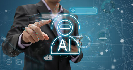 Aufkleber - Man using tools AI. technology smart robot science and artificial intelligence technology, and innovation futuristic and global connection for providing access to information and data online network,