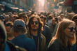 © aapsky - A man with long hair in sunglasses in a crowd of people on a city street. Generative AI.
