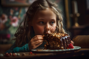 Fat little girl eats a birthday cake, overeating dirty at the table. Generative AI.