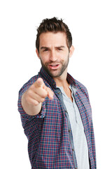 Poster - Portrait, pointing and smile with a man in a shirt isolated on a transparent background for a decision. Choice, review or vote with a happy and handsome young male person on PNG to point at you