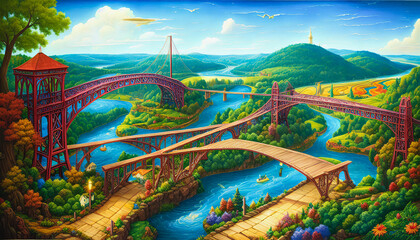 Poster - Twisted Bridges in a Colorful Environment, Rivers and Forests, Generative AI.