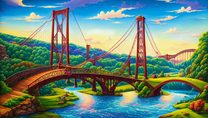 Canvas Print - Twisted Bridges in a Colorful Environment, Rivers and Forests, Generative AI.