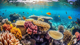 Fototapeta Do akwarium - Discover the hidden wonders beneath the ocean's surface with this incredible shot of a coral reef teeming with vibrant marine life. Dive into a world of wonder and enchantment Generative AI