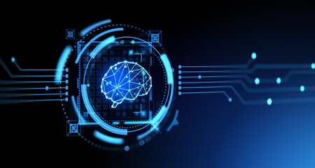 Poster - Digital AI brain hologram with connection lines, machine learning