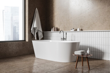 Wall Mural - Stylish beige bathroom interior with tub and accessories, panoramic window