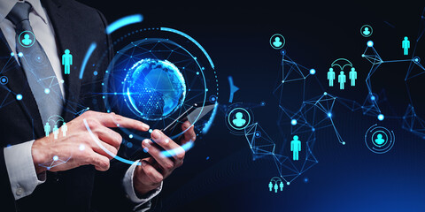 Poster - Businessman finger touch phone, earth sphere and social network icons