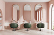 Pink cozy beauty salon with chairs in row and mirror, panoramic window