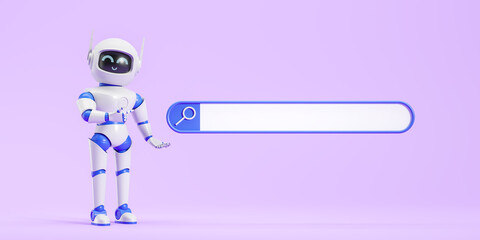 Poster - White AI robot pointing at pink empty search bar