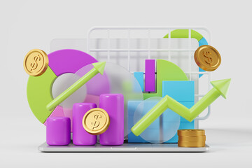 Poster - Financial data with pie chart, rising arrows and floating coins and laptop