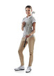 Happy woman, portrait smile and golf club with ball standing isolated on a transparent PNG background. Female person, young model or golfer smiling and posing ready for sports match, game or golfing