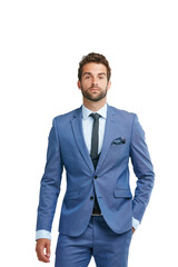 Poster - Suit, portrait or businessman with fashion or elegant clothes isolated on transparent png background. Face, handsome rich entrepreneur or confident formal guy in blue classy tuxedo with ambition