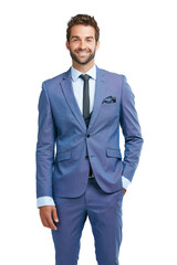 Wall Mural - Suit, portrait or happy businessman with fashion or classy clothes isolated on transparent png background. Smile, handsome rich entrepreneur or confident guy in blue elegant tuxedo with ambition