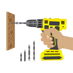 Wall Mural - Electric screwdriver Electric screwdriver in hand. Battery screwdriver or drill. Home renovation equipment. Tools of the handyman. Isolated on white background. Vector illustration EPS 10.