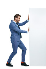 Poster - Moving, struggle or businessman pushing wall with power isolated on transparent png background. Worker, suit or entrepreneur walking to move heavy problem, challenge or barrier with physical effort