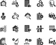 Vector set of inspection flat icons. Contains icons verification, inspector, testing, inspection report, quality control, house inspection, examination, qa, checklist and more. Pixel perfect.