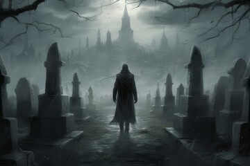 Necromancer scary cemetery background. Generate Ai