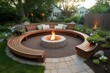 © nsit0108 - Semi-circular bench round fire place. Generate Ai