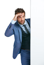 Peeking, Business And Man With A Wall, Formal And Opportunity Isolated Against A Transparent Background. Male Person, Employee And Entrepreneur Looking With Png, Career And Professional With Growth