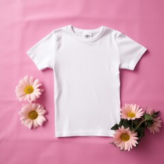 mockup of plain white t shirt for kids pink flower background