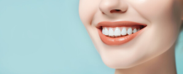 Dental care banner with a beautiful healthy smile of a young woman on light blue background with copy space.