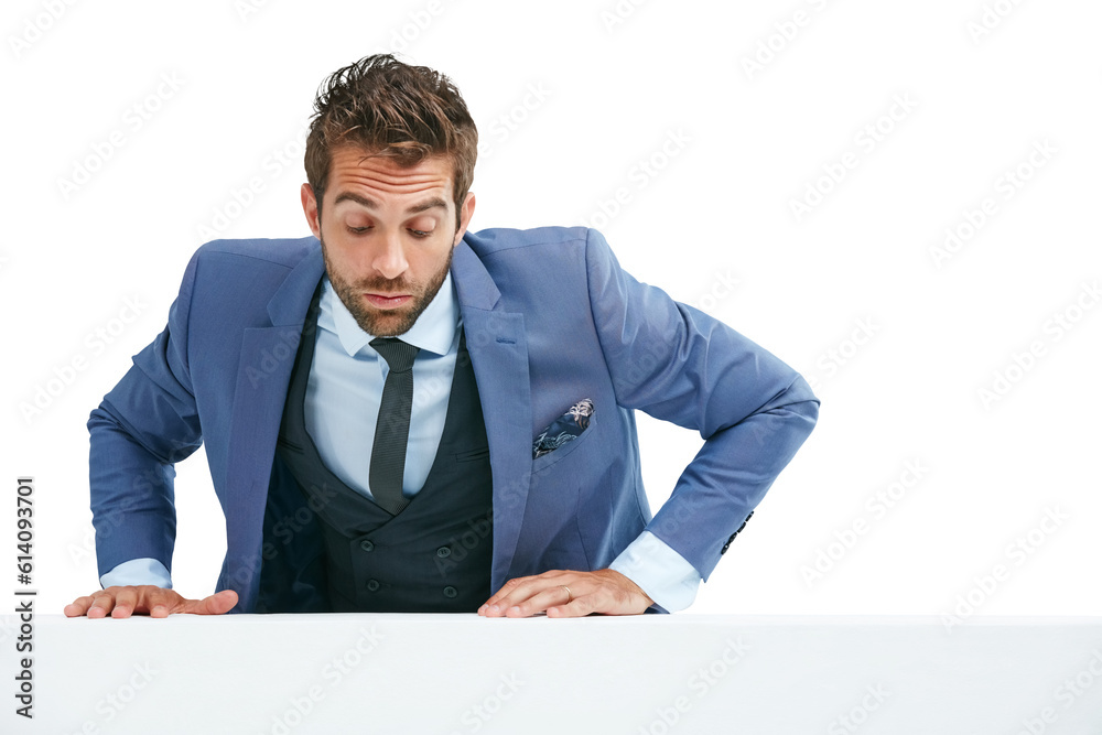 Business man, poster and looking down at advertising for job opportunity, news and announcement on wall. Climbing, reading and professional person in corporate isolated on transparent png background