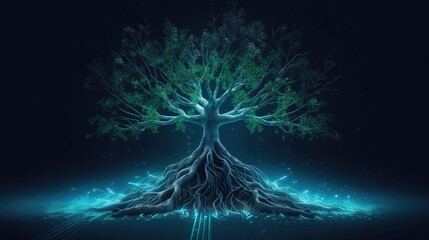 electronic digital blue tree with intricately woven roots stands tall against a dark background. the