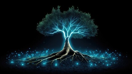 electronic digital blue tree with intricately woven roots stands tall against a dark background. the