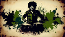 Afro-American Male Jazz Musician Drummer Playing Drums In An Abstract Vintage Distressed Style Painting For A Poster Or Flyer, Computer Generative AI Stock Illustration Image
