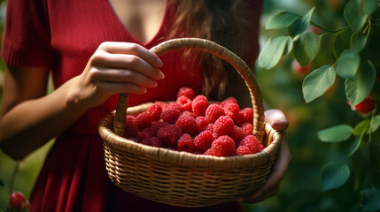 Wall Mural - young girl holding a basket of fresh raspberries. Generative Ai. 