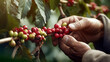 coffee picker shows a twig with coffee beans close-up. Generative Ai. 