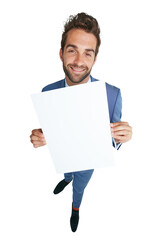 Wall Mural - Portrait, mockup space or happy businessman with poster for advertising for logo, news or announcement. Smile, banner or entrepreneur with a marketing board isolated on transparent png background