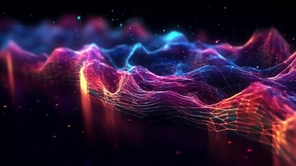 Cyber big data flow. Blockchain data fields. Network line connect stream. Concept of AI technology, digital communication, science research, 3D illustration music waves, Generative AI