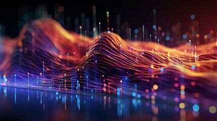 Cyber big data flow. Blockchain data fields. Network line connect stream. Concept of AI technology, digital communication, science research, 3D illustration music waves, Generative AI