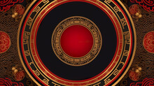 A Gold And Red Circular Frame On A Black Background. Generative AI.
