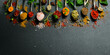 Colorful various herbs and spices for cooking. Cooking Banner. Side view.