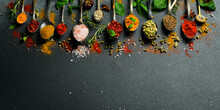 Colorful Various Herbs And Spices For Cooking. Cooking Banner. Side View.